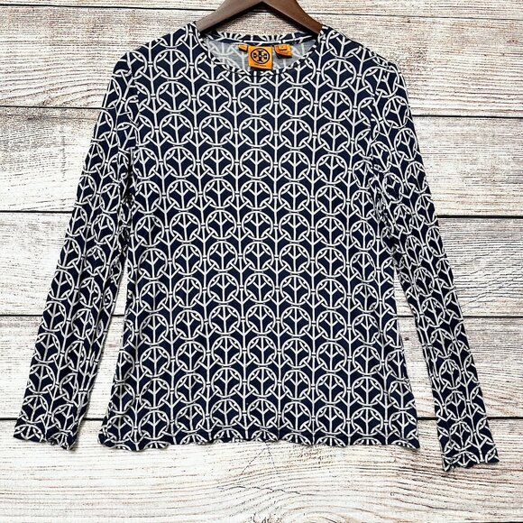 Tory Burch Silk Long Sleeve Top Women’s M Navy White Geometric Print Lightweight - Picture 1 of 11